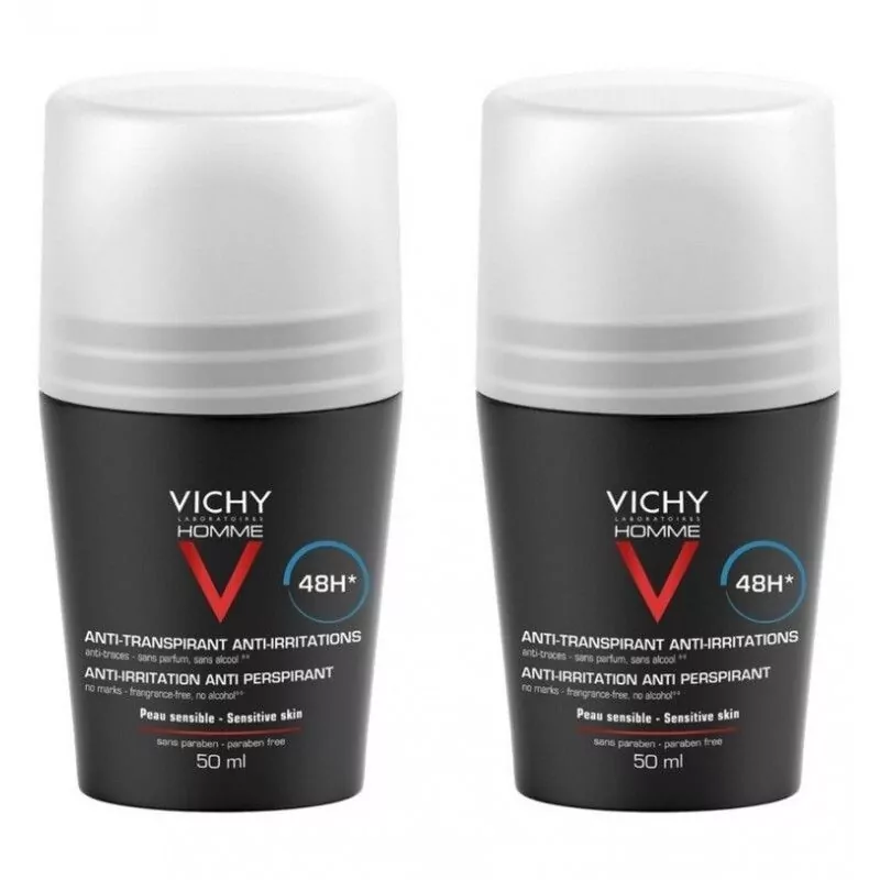 Sada deodorantů pro citlivou pokožku Homme 48H Deo roll-on (Anti-Transpirant Extra Sensitive) Vichy - 2 x 50 ml