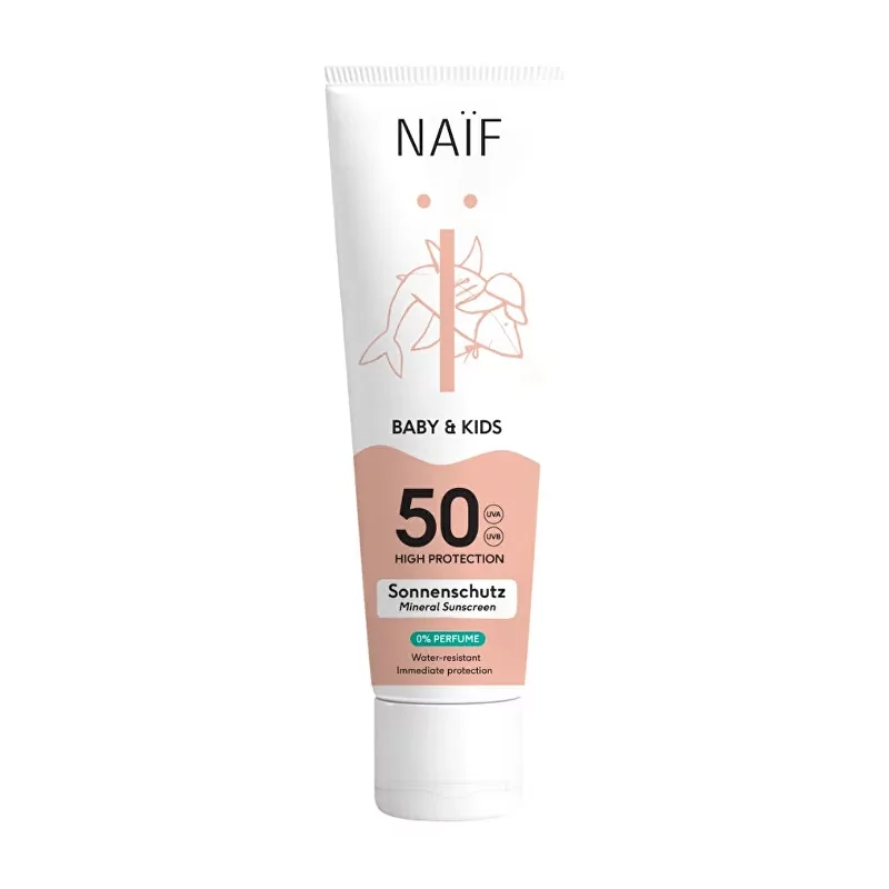 Ochranný krém na opalování pro děti a miminka bez parfemace SPF 50 Baby & Kids (Mineral Sunscreen 0% Parfume) NAÏF - 100 ml